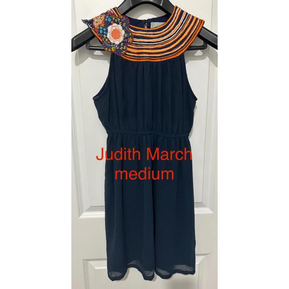 Judith March Medium Navy Blue Dress with Embroidered Collar
